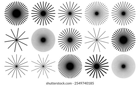 Formas geométricas redondas com raios. Ícone de sunburst vintage define elementos. Circular linhas finas vigas, estrelas, sol nascer luz.