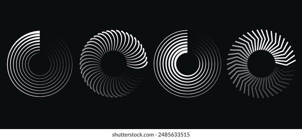 Round geometric spiral waves. Set of glowing circular lines on dark background.