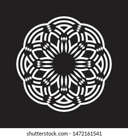Round geometric surface. Beautiful black arabesque on white background. Oriental asian indian ornament. Isolated abstract logo. Design print rosette on pillow, tiles, mandala, bandana, tattoo, carpet.