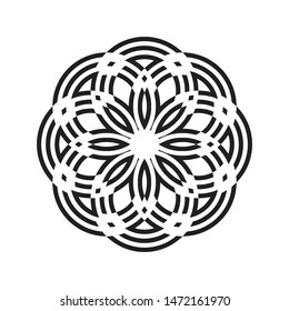 Round geometric surface. Beautiful black arabesque on white background. Oriental asian indian ornament. Isolated abstract logo. Design print rosette on pillow, tiles, mandala, bandana, tattoo, carpet.