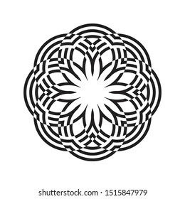 Round geometric surface. Beautiful black arabesque on white background. Oriental asian indian ornament. Isolated abstract logo. Design print rosette on pillow, tiles, mandala, bandana, tattoo, carpet.