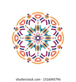 Round geometric surface. Beautiful colorful arabesque on white background. Oriental asian indian ornament. Isolated abstract art. Design print rosette on pillow, tile, mandala, bandana, tattoo, carpet
