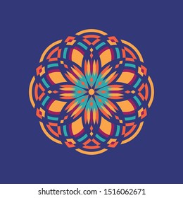 Round geometric surface. Beautiful colorful arabesque on dark background. Oriental asian, indian ornament. Isolated abstract art. Design print rosette on pillow, tile, mandala, bandana, tattoo, carpet