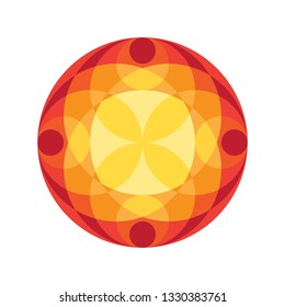 Round geometric surface. Beautiful red and orange shapes composition. Oriental ornament. Isolated abstract logo. Design for print on pillow, tiles, bandana, carpet. Vector illustration.