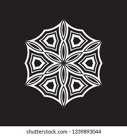 Round geometric surface. Beautiful white shapes composition on blackbackground. Oriental ornament. Isolated abstract logo. Design for print on pillow, tiles, bandana, carpet. Vector illustration.