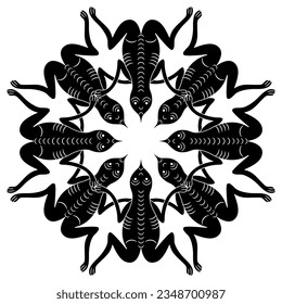 Round geometrical animal mandala with funny frogs or toads. Russian medieval design. Black and white silhouette.