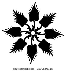 Round geometrical design or mandala with abstract floral motifs. Stylized trees or leaves. Black and white silhouette.