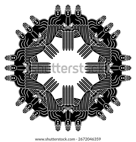 Round geometrical ethnic mandala or frame design with fantastic winged creatures. Permian animal style. Totem ancestor or pagan deity from ancient Siberia. Black and white silhouette.