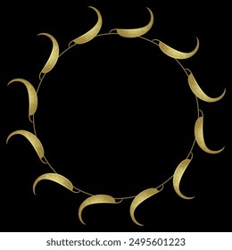 Round geometrical frame or circular border with abstract swirl elements. Golden glossy silhouette on black background.