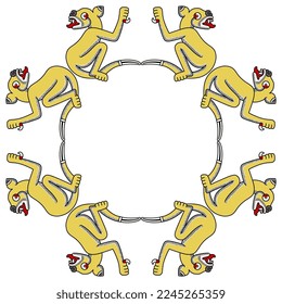 Round geometrical frame with fantastic animals. Stylized jaguars. Native American art of Aztec Indians from Mexican codex. 