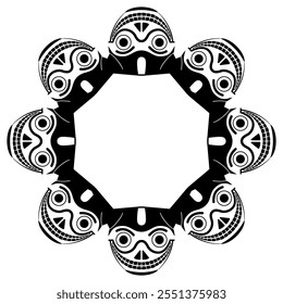 Round geometrical frame with funny faces. Ethnic border with South American masks. Indigenous Wari or Huari culture from ancient Peru. Black and white silhouette.