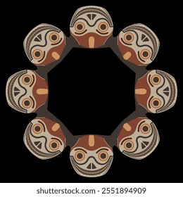 Round geometrical frame with funny faces. Ethnic border with South American masks. Indigenous Wari or Huari culture from ancient Peru.