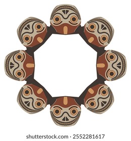 Round geometrical frame with funny faces. Ethnic border with South American masks. Indigenous Wari or Huari culture from ancient Peru.