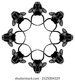 Round geometrical frame with horned cow or bull heads. Ancient Egyptian animal design. Black and white silhouette.