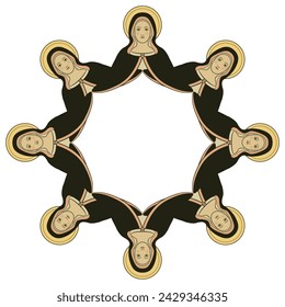 Round geometrical frame, mandala or border with images of Virgin Mary. Christian icon. Saint lady with nimbus. Isolated vector illustration.