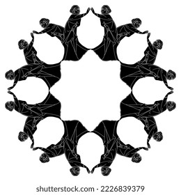 Round geometrical frame or mandala with dancing medieval women holding hands. Black and white silhouette.