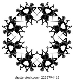 Marco geométrico redondo o mandala con hombres medievales sosteniendo espadas. Silueta blanca y negra.