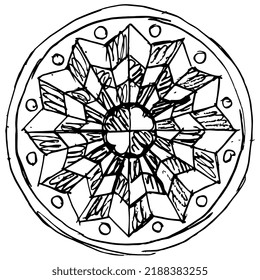Round geometrical mandala. Ancient Egyptian Coptic design. Hand drawn linear doodle rough sketch. Black silhouette on white background.