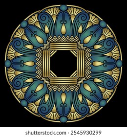 Round geometrical mandala with ethnic ancient Egyptian motifs. Circular frame with stylized lotus flowers. Gold and blue ornament on black background.