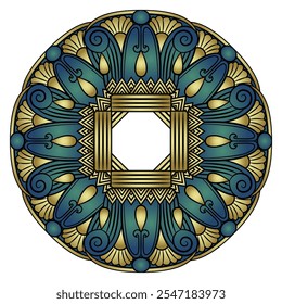 Round geometrical mandala with ethnic ancient Egyptian motifs. Circular frame with stylized lotus flowers.