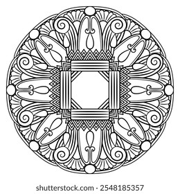 Round geometrical mandala with ethnic ancient Egyptian motifs. Circular frame with stylized lotus flowers. Black and white silhouette.