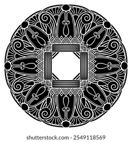 Round geometrical mandala with ethnic ancient Egyptian motifs. Circular frame with stylized lotus flowers. Black and white silhouette.