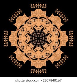 Round geometrical mandala with ethnic masks. Head of Harun. Ancient Etruscan mythology. Vase painting style. Portrait of a wrinkled man with Goatee beard. On black background.