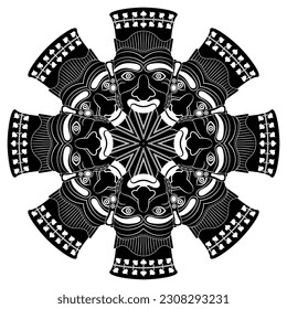 Round geometrical mandala with ethnic masks. Head of Harun. Ancient Etruscan mythology. Vase painting style. Portrait of a wrinkled man with Goatee beard. Black and white silhouette.