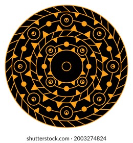 Round geometrical mandala with ethnic motifs. Native American ornament of Aleut Indians. Black and orange silhouette.