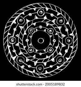 Round geometrical mandala with ethnic motifs. Native American ornament of Aleut Indians. Hand drawn linear doodle rough sketch. White silhouette on black background.