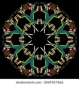 Round geometrical mandala with fantastic monsters. Native American animal motif of Aztec Indians from Mexican codex.