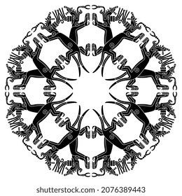 Round geometrical mandala with fantastic monsters. Native American animal motif of Aztec Indians from Mexican codex. Black and white silhouette.