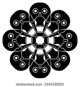 Round geometrical mandala with stylized human skulls with open mouths. Native American symbol of Aztec Indians. Black and white negative silhouette.