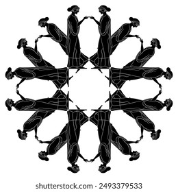 Round geometrical ornament or mandala frame with standing ancient Greek women. Black and white silhouette.