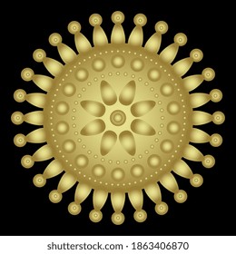 Round geometrical pattern. Decorative mandala. Native American design of Zuni Indians. Golden monochrome shape on black background.