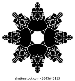 Forma de estrela geométrica redonda design animal ou quadro com cabeças de falcão. O antigo deus egípcio Hórus como pássaro sagrado usando diadema do faraó real com ureu. Silhueta em preto e branco.