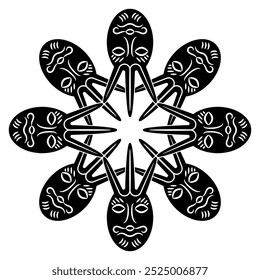 Round geometrical star shape design with ethnic masks. Mandala with funny faces of a fantastic mythological creature. Ancient Siberian totem. Permian animal style. Black and white silhouette.