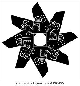 Round geometrical star shape ethnic ornament or frame with stylized human heads from El Tajín, Veracruz, Mexico. Native American pre Columbian design. Black and white silhouette.