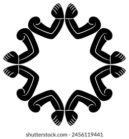 Round geometrical star shape frame or border with stylized hands or animal arms. Ethnic ornament of Totonac Indians from Veracruz, Mexico. Black and white silhouette.