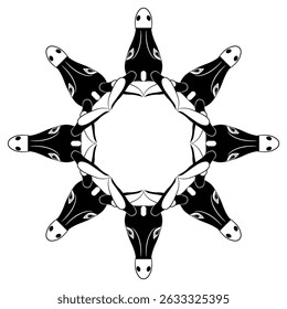 Quadro geométrico redondo em forma de estrela com cabeças de burro estilizadas. Design de animais da Grécia Antiga. Silhueta em preto e branco.