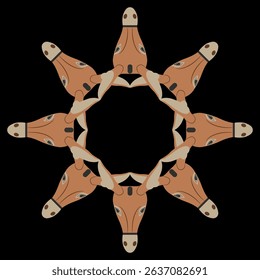 Round geometrical star shape frame with stylized donkey heads. Ethnic Ancient Greek animal design. On black background.