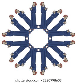 Round geometrical star shape mandala or frame with medieval women in blue dresses. Isolated vector illustration.
