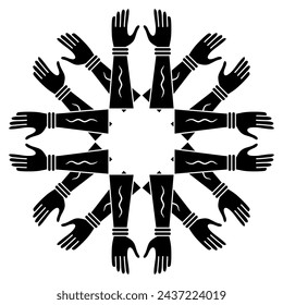 Round geometrical star shape mandala with human hands with open palms. Arm symbol. Black and white silhouette.