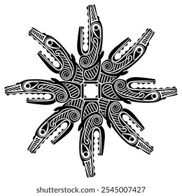 Mandala de forma de estrela geométrica redonda com quatro cabeças de dragões fantásticos. Desenho da etnia nórdica Viking da antiga Noruega. Silhueta em preto e branco.