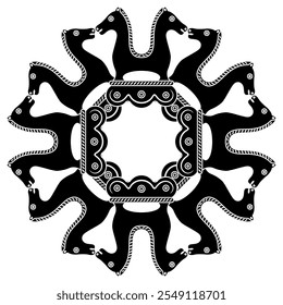 Mandala de forma de estrela geométrica redonda ou desenho de quadro com cavalos engraçados estilizados. Motivo de animal romano antigo. Silhueta em preto e branco.