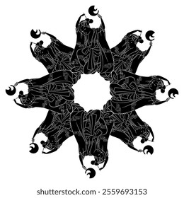Round geometrical star shape mandala with beautiful Japanese women. Oriental design. Black and white silhouette.