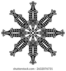 Round geometrical star shape mandala with stylized fishes. Medieval design. Black and white silhouette.