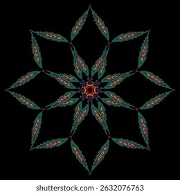 Mandala redonda em forma de estrela geométrica com motivos étnicos turcos do Império Otomano. Em fundo preto.