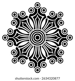 Mandala de forma de estrella geométrica redonda. Silueta en blanco y negro.