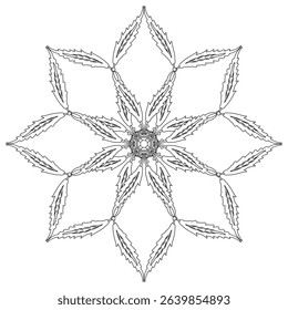 Round geometrical star shape mandala with ethnic Turkish motifs from Ottoman Empire. Black and white linear silhouette.
